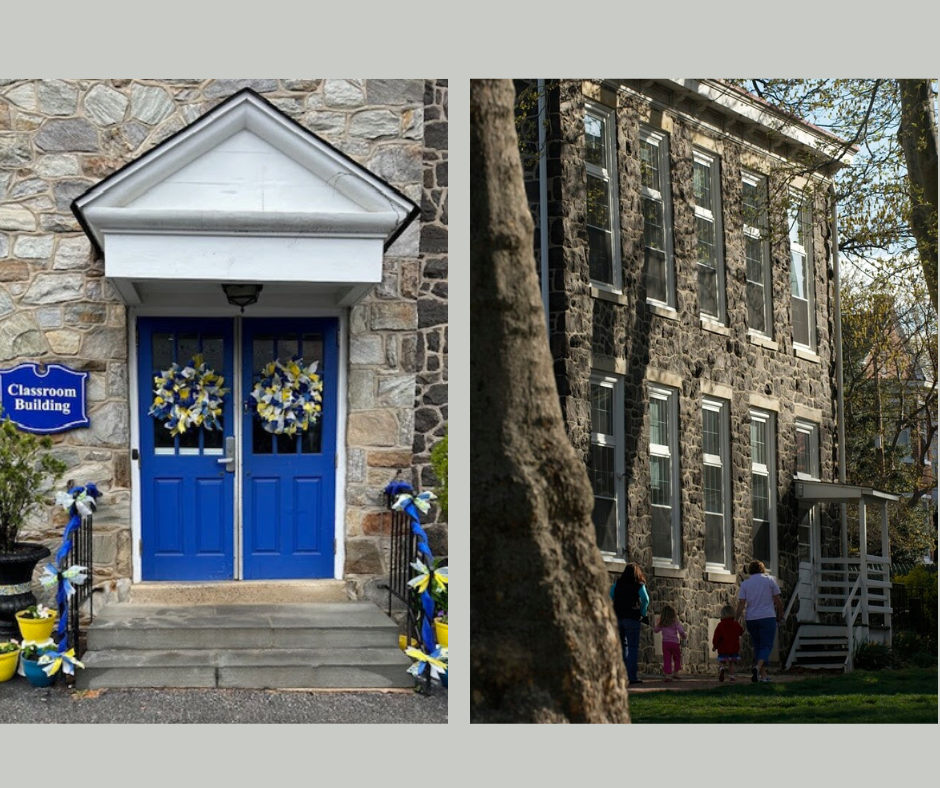 Two images of the exterior of the school. Blue front doors, windows on the side.